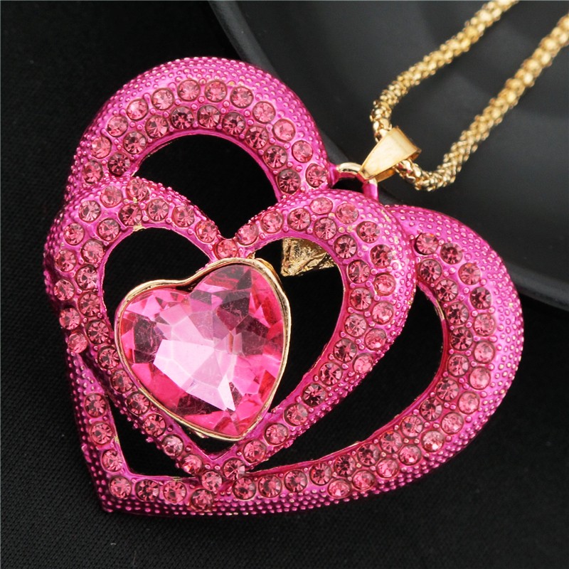 Fashion Women Rose Crystal Bling Three Hearts Love Pendant Chain Necklace Gift