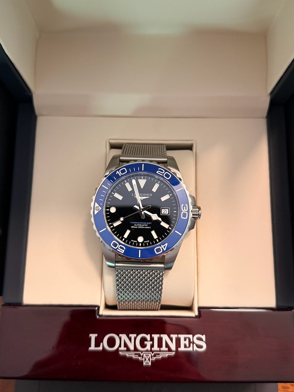 Longines HydroConquest 42mm Black Dial Blue Ceramic Bezel Mesh L3.788.4.90.6