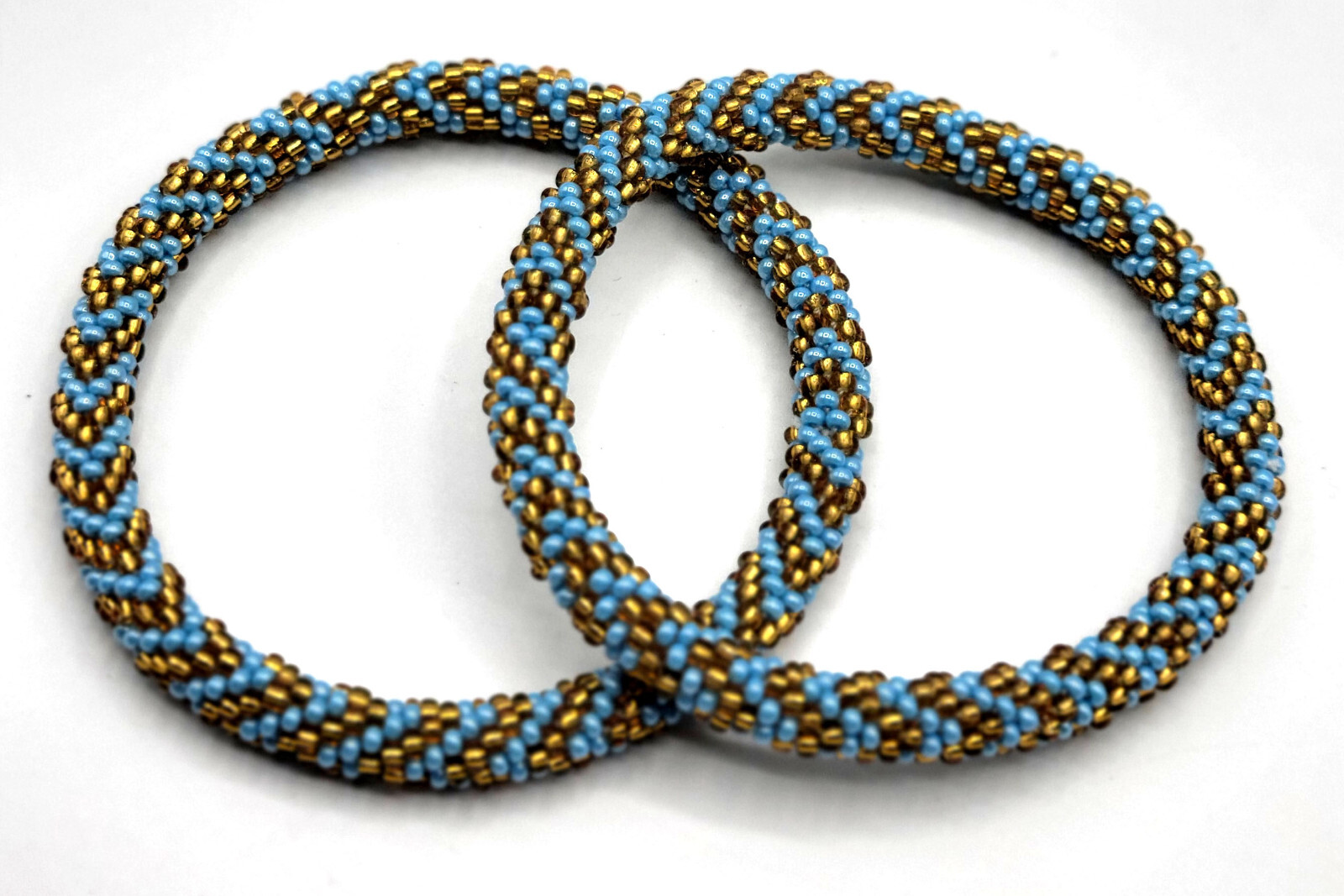 Set of 2 Handmade Beaded Bracelet Nepal Glass Bead Stackable Crochet Bracelets