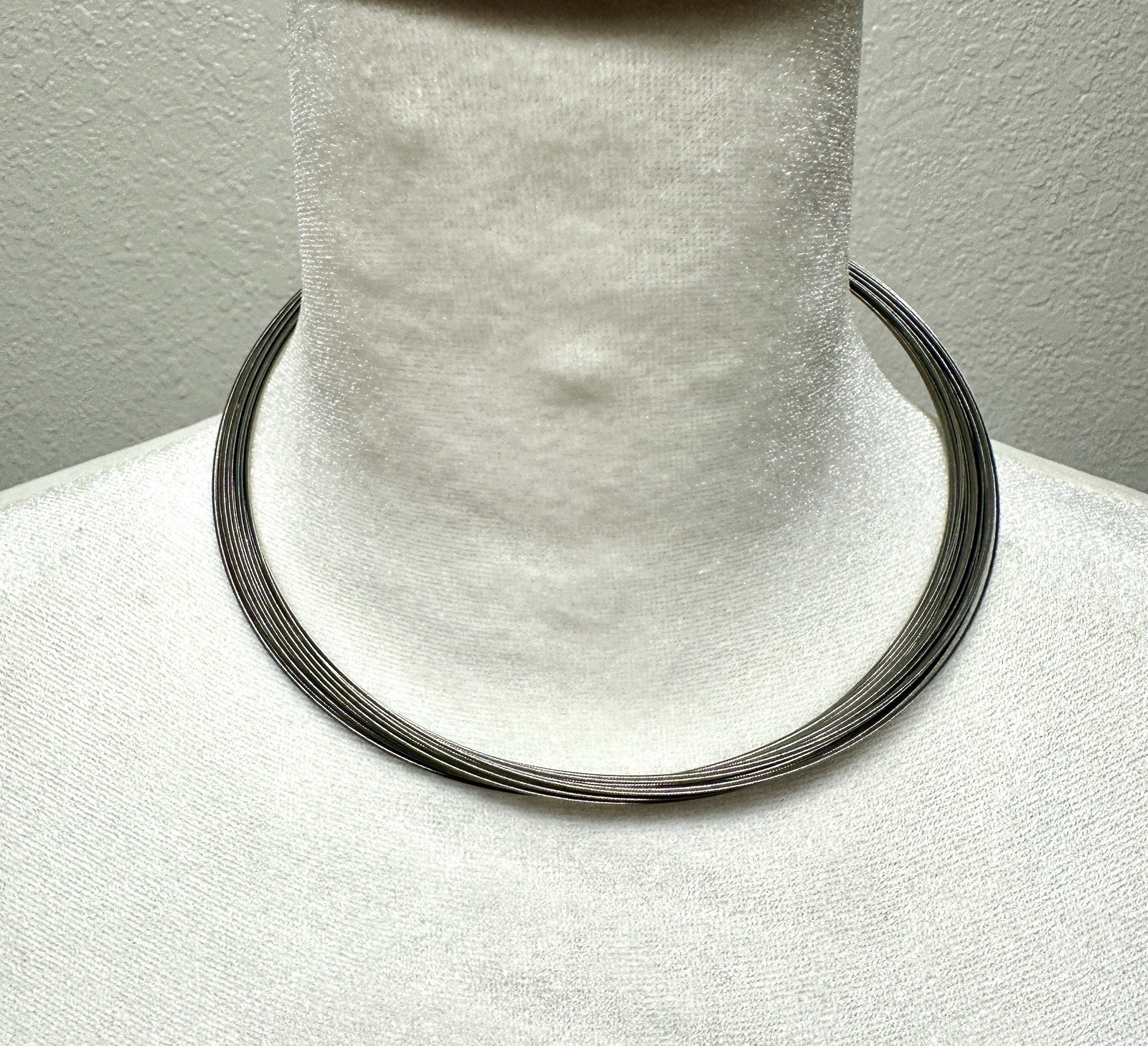 Multi-Wire Silver Tone Choker Collar Necklace, Metal Wire Chain, Barrel Clasp