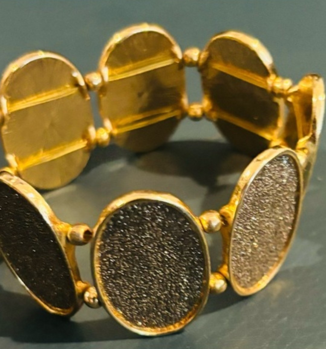 Gold Tone Oval Link Chain Bracelet Black & Silver Glitter Panels Stackable