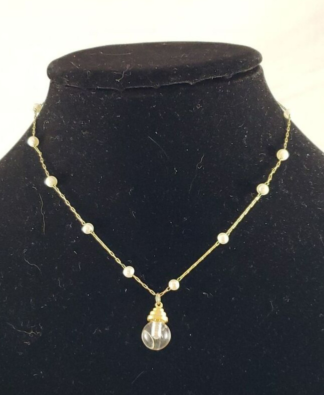 Vintage Unsigned Gold Tone Chain Necklace Clear Marble Pendant Faux Small Pearls
