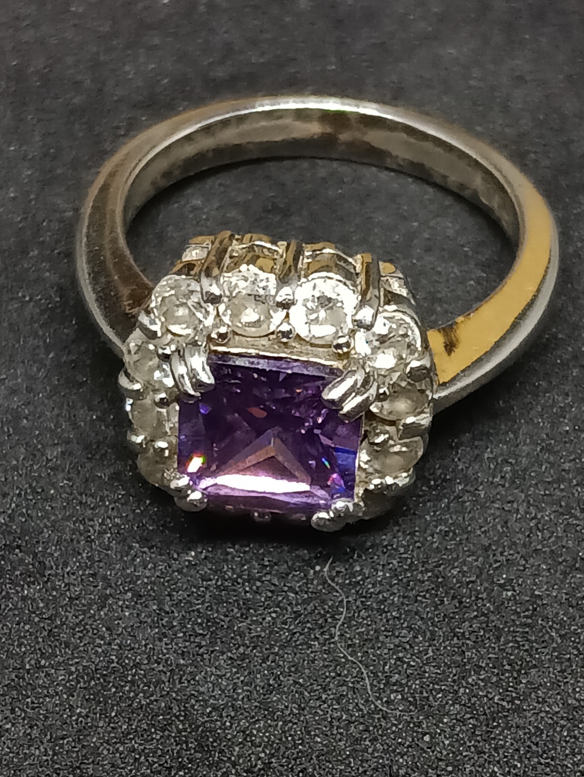 Vintage FAS 925 Sterling Silver Purple CZ Princess Cut Halo Cocktail Ring Size 7