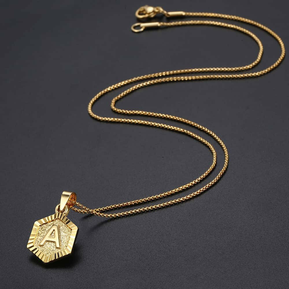 Hexagon A-Z Gold Plated 14k Initial Letter Pendant Necklace Unisex Mens Womens
