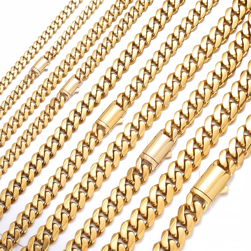 Hip Hop Men 6-14mm Gold Stainless Steel Miami Cuban Link Chain Necklace 16″-40″