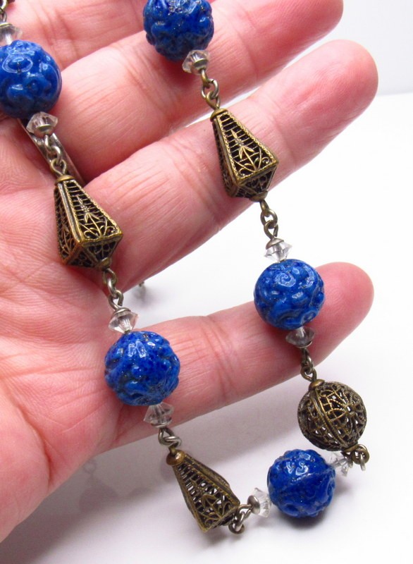 Art Deco Neiger Carved Lapis Glass Necklace