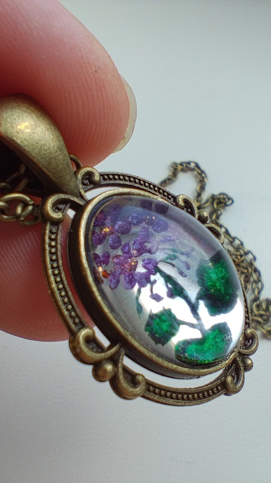 Handmade Reverse Carved Acrylic Pendant Necklace Vintage Bronze Purple Flower Ar
