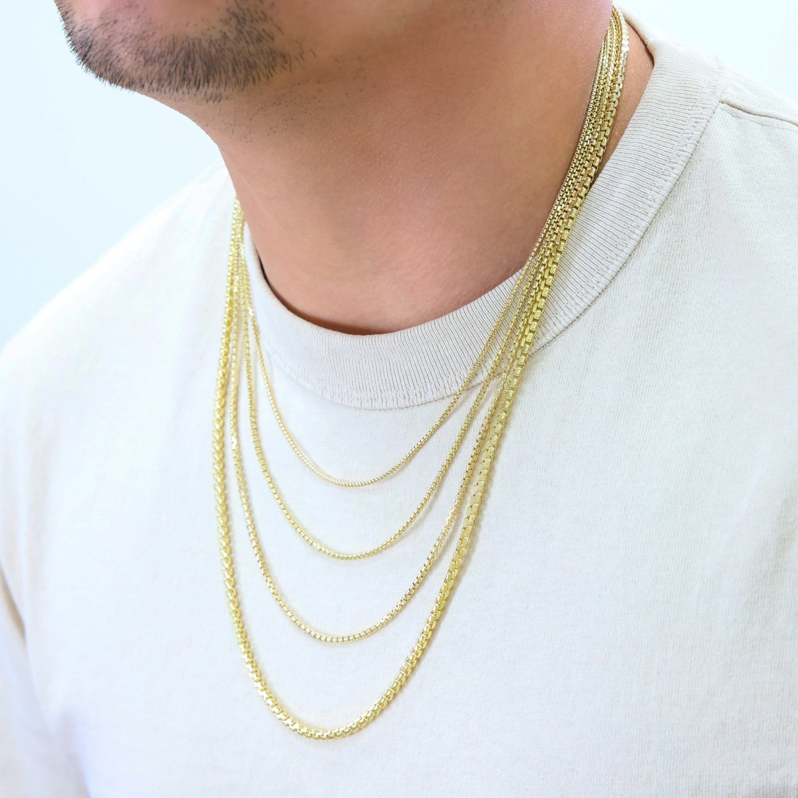 10K Yellow Gold 1.5mm-3.5mm Venetian Round Box Chain Necklace Men Women 16″- 30″