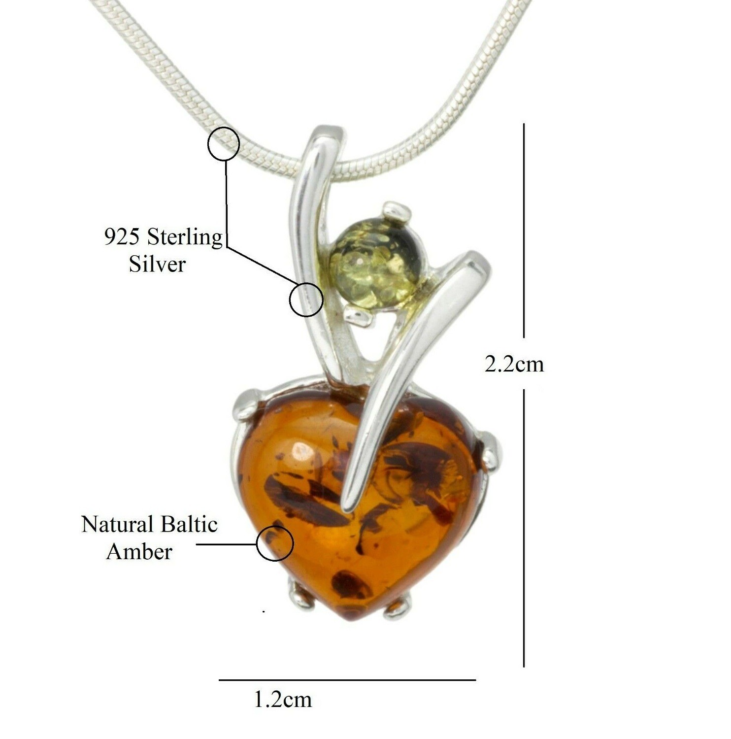 Natural Baltic Amber Sterling Silver 925 Heart Pendant Necklace Gift Jewellery