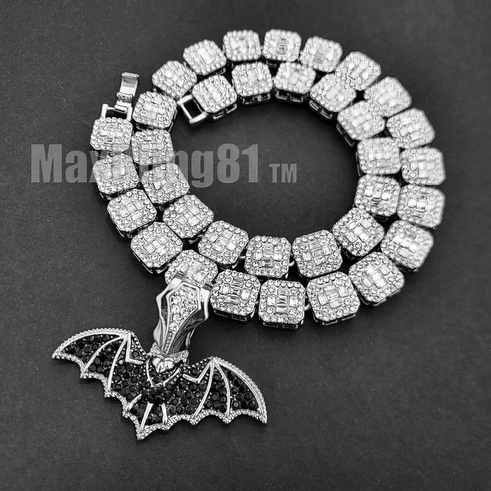 Hip Hop Silver Plated Alloy Bat & 16″ 18″ 20″ Iced Cubic Zirconia Chain Necklace