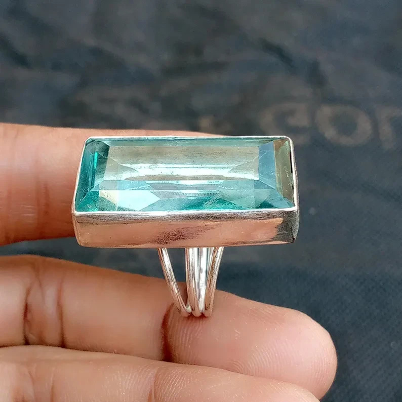 Aquamarine 925 Sterling Silver Band & Statement Ring Handmade Ring All Size