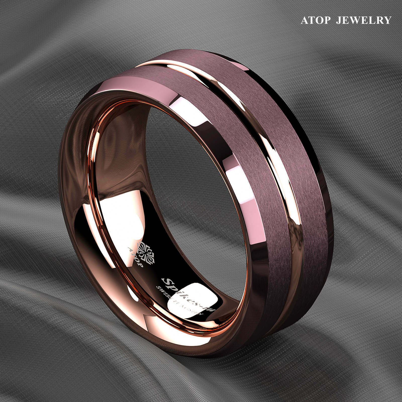 8/6mm Plated Metal Tungsten Mens Ring Rose Gold Groove Stripe ATOP Wedding Band
