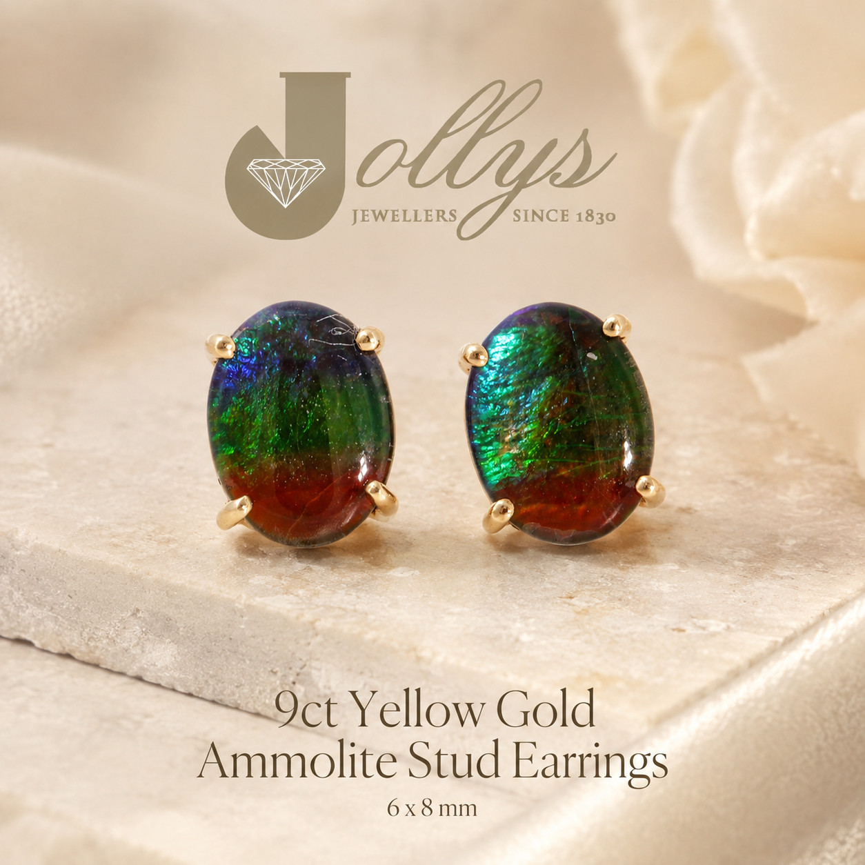 9Carat Yellow Gold Ammolite Stud Earrings (6x8mm)