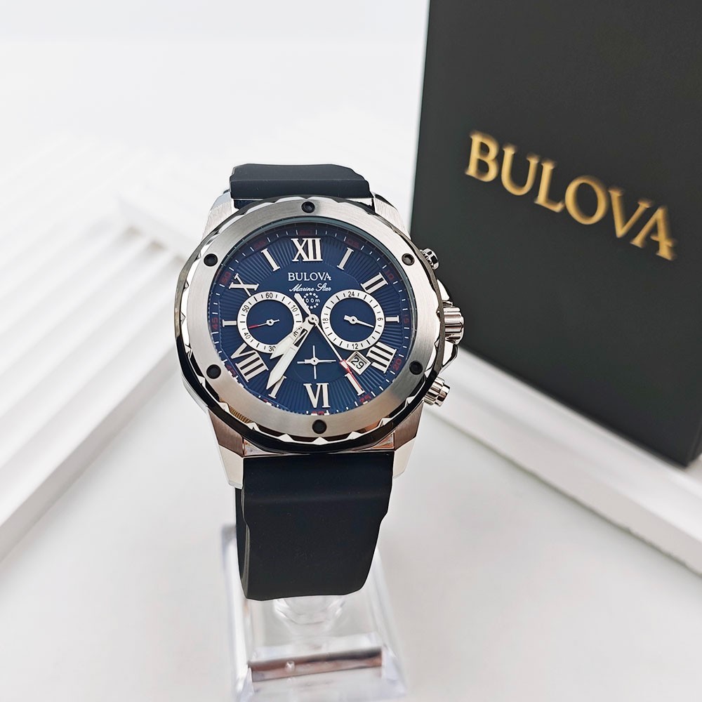 Bulova Marine Star 98B258 Blue Dial Black Rubber Strap Quartz Men’s 44mm Watch
