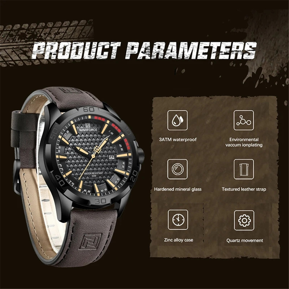 NAVIFORCE Men Quartz Watch Leather Watch Gifts Simple Dial Male Sport Wristwatch