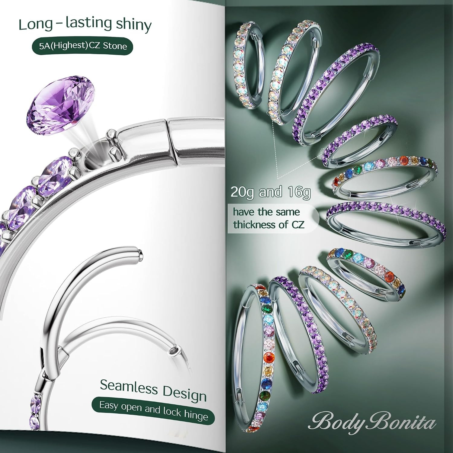 CZ Nose Rings Hoop – 316L Surgical Steel Body Piercing Hoop Clicker 20/18/16G Ea