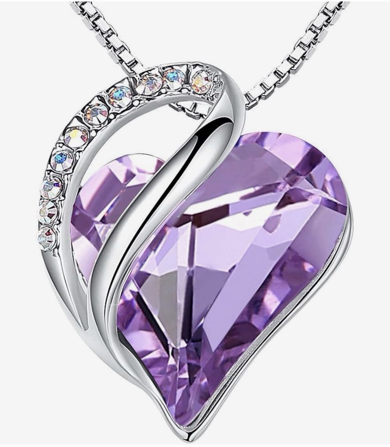 Silver Plated Heart-Shaped Purple Crystal Pendant Necklace, Box Chain, Love