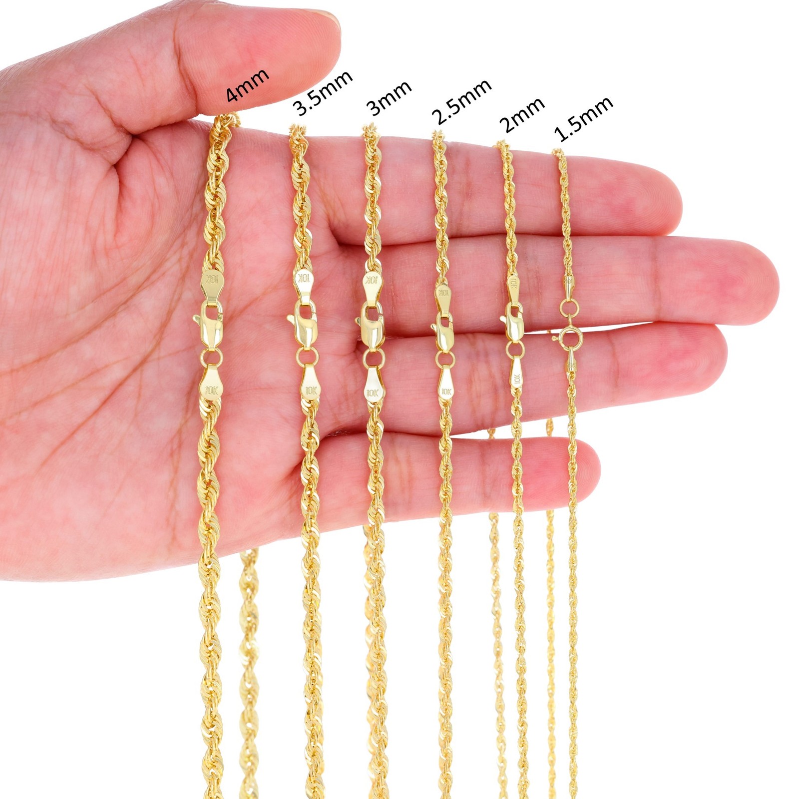 10K Yellow Gold 1mm-4mm Light Diamond Cut Rope Chain Necklace Men Women 16″- 30″