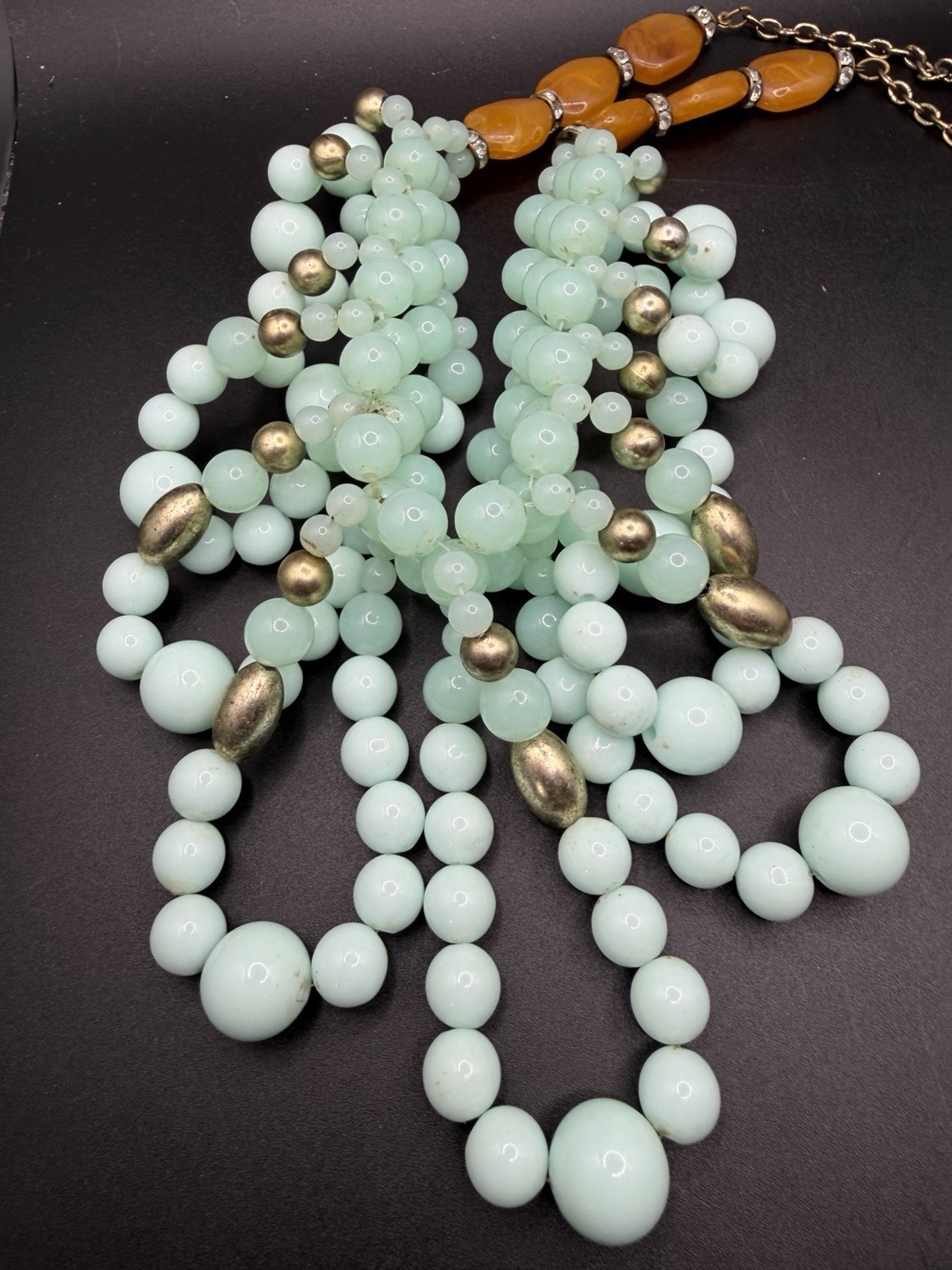 Anthropologie Mint Green Orange Beaded Bib Statement Necklace Gold Tone