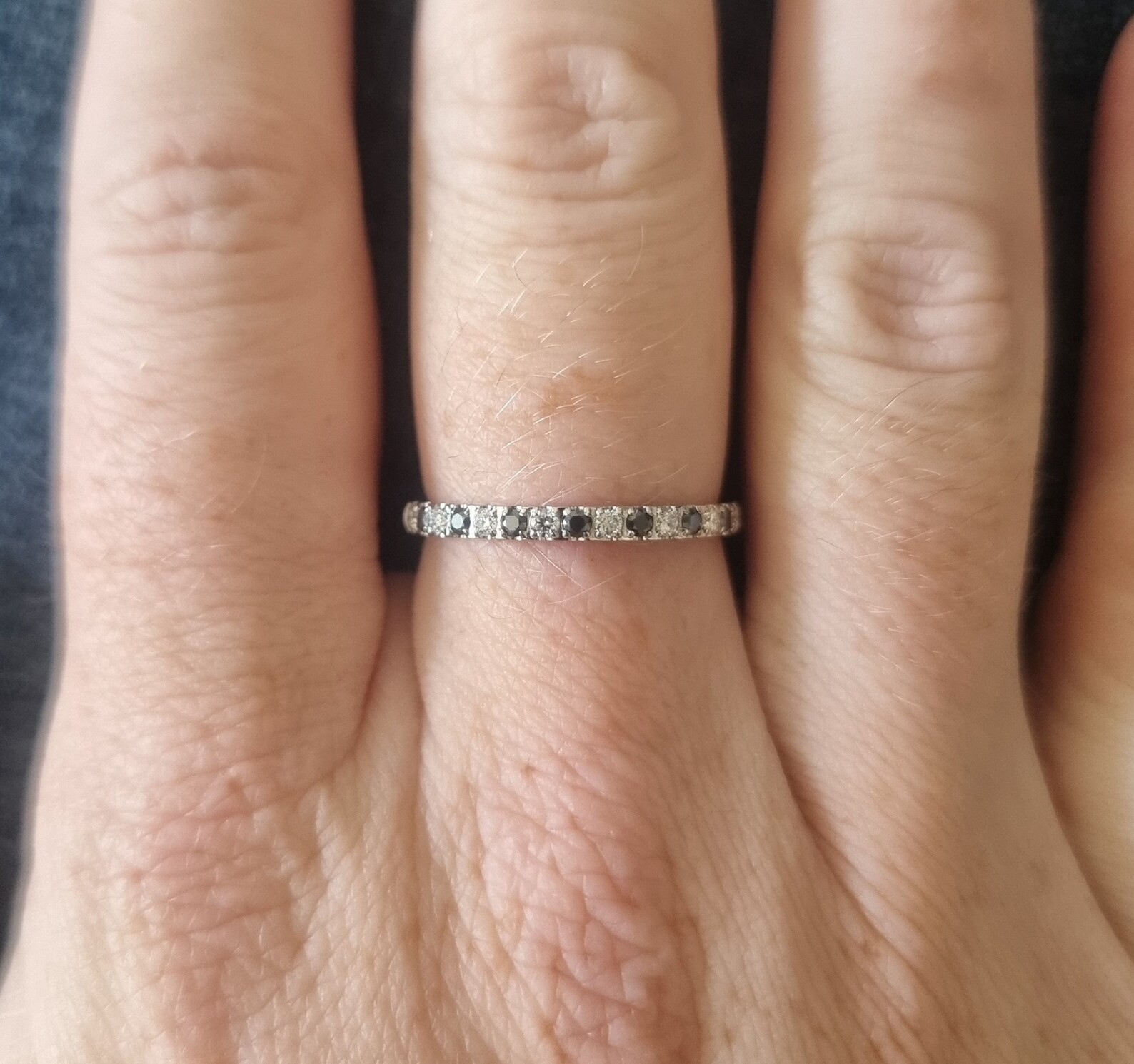 2mm Wide Black & White Moissanite Half Eternity Band Ring 14k White Gold Plated