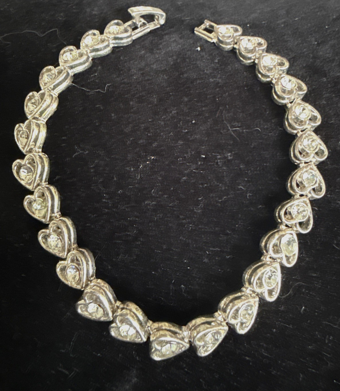 Simulated Diamond Silver Tone Rhinestone Heart Link Tennis Bracelet 7 Inch