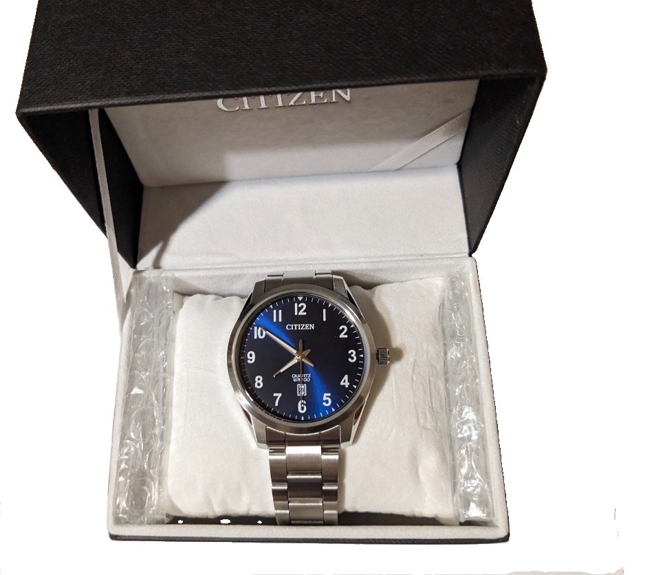 Citizen Quartz WR100 100m Quartz Blue Dial Date Steel Bracelet Men’s Watch Box