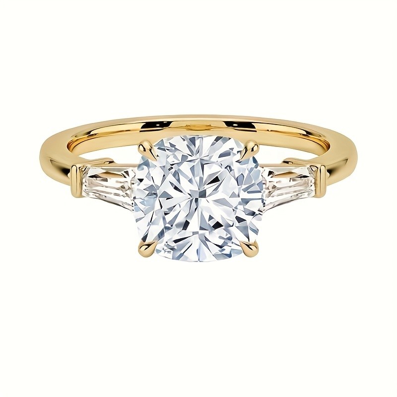 Golden Silvery 2CT Moissanite Round Engagement Ring With Tapered Baguette Side