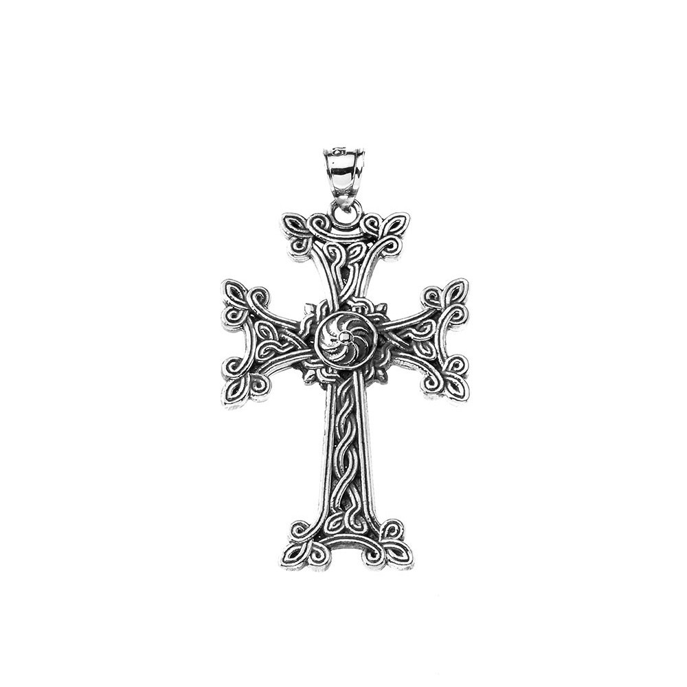 Oxidized Silver Eternity “Khachkar” Armenian Cross Pendant Necklace(Large)