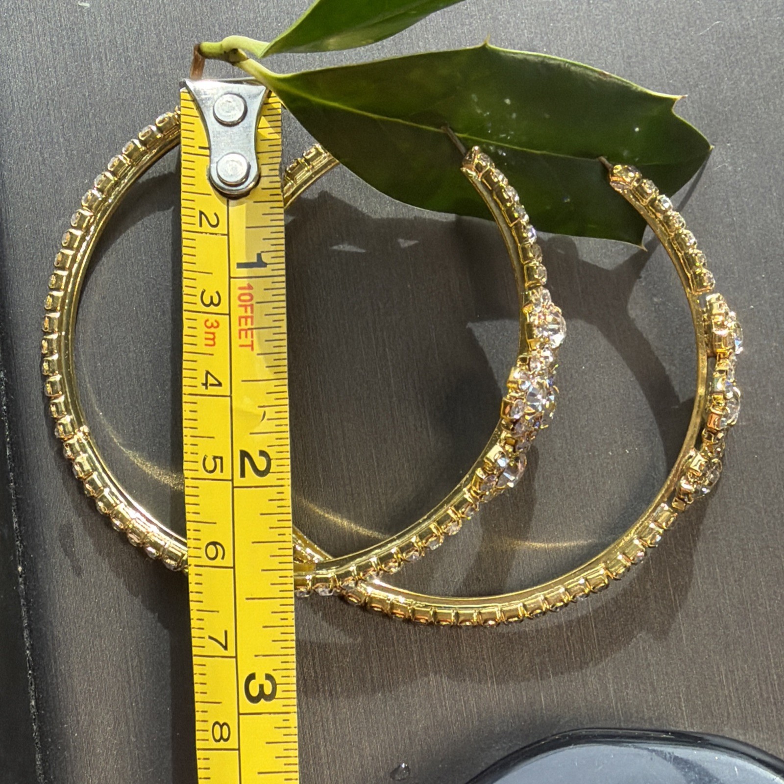 Gold Tone Rhinestone Hoop Earrings Large Statement Floral Cluster 2.5” Glam