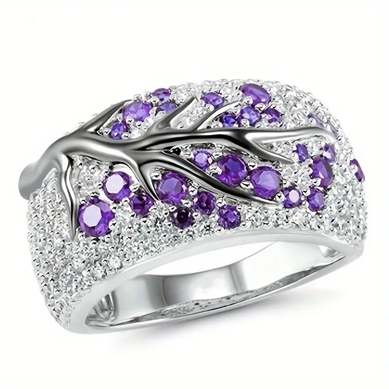 Tree Of Life Ring Full Of Shiny Zircon Elegant Alloy Ring – New – Purple Size 11