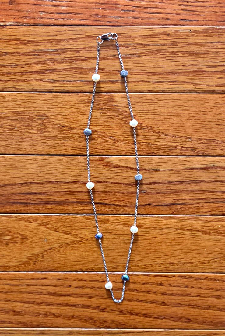 Silver Tone Cable Chain Beaded Necklace White Gray Beads 10in Lobster