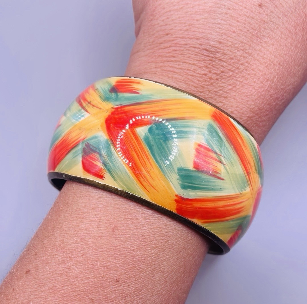 Vintage Gold Tone Green Orange Large Cuff Bangle Statement Bracelet