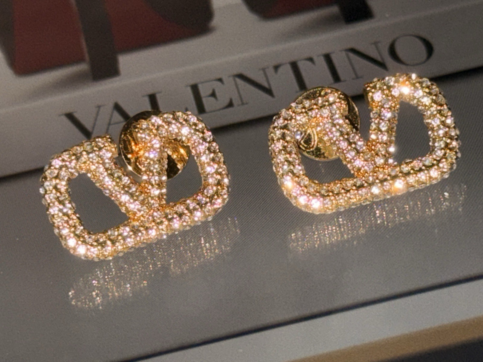 Valentino VLogo Pavé Crystal Gold Tone Stud Earrings, Butterfly Back Signed