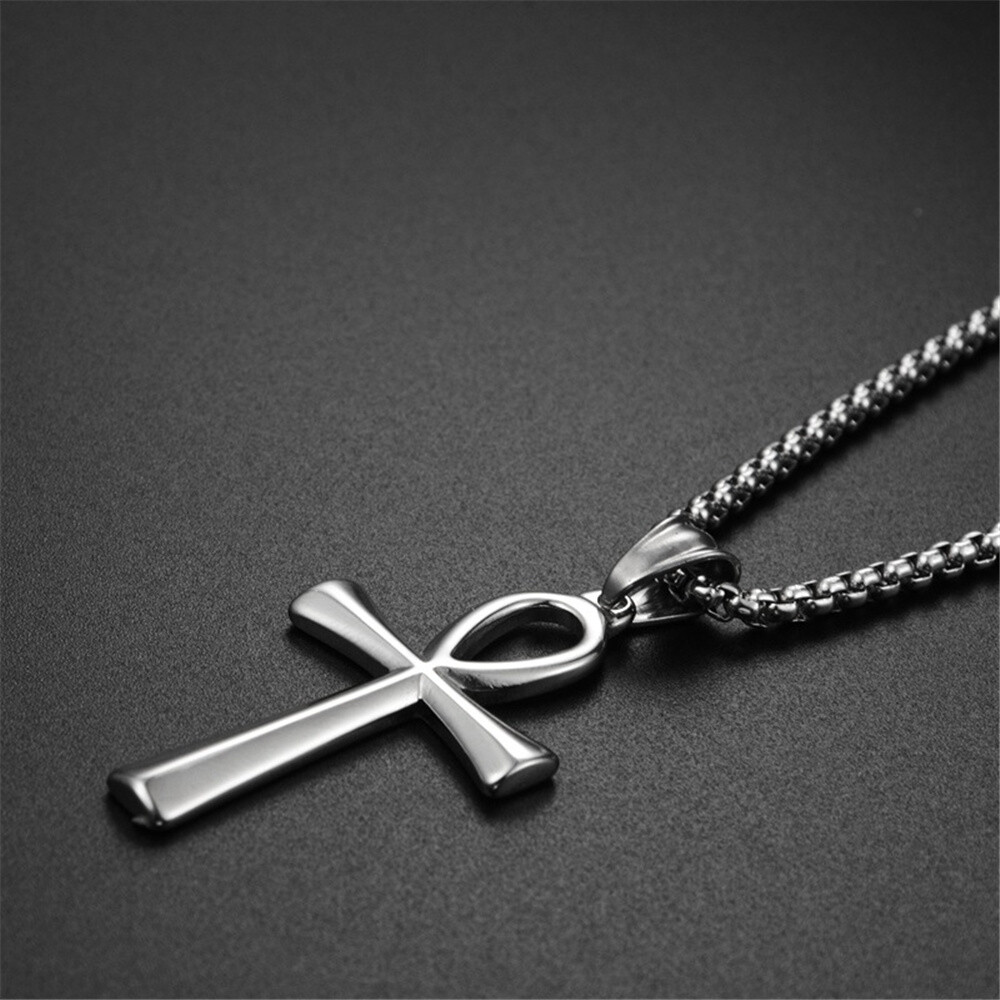 Men Women Cross Necklace Silver Stainless Steel Egyptian Ankh Pendant Chain Gift