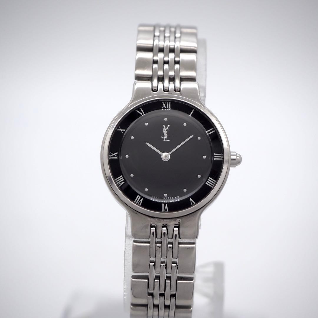 YSL Yves Saint Laurent Black Watch Cut Glass Roman Numerals Japan 0713685