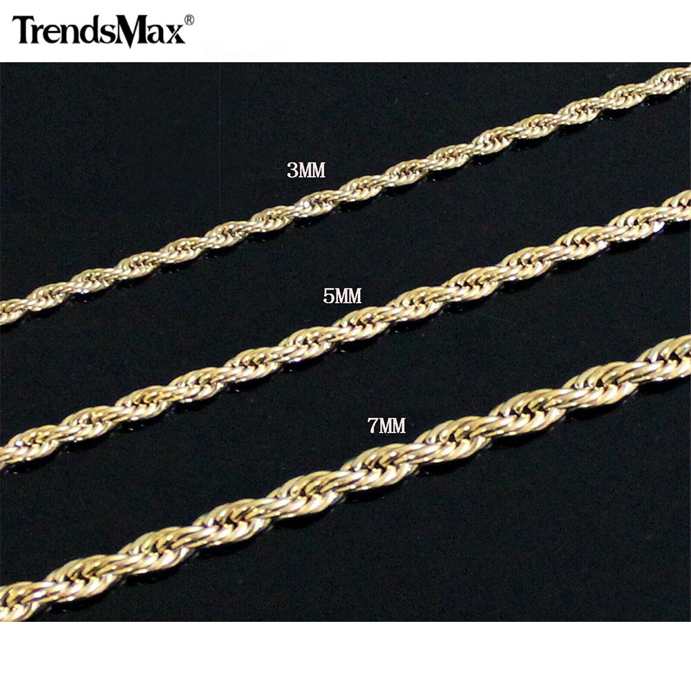 Gold Plated Stainless Steel Rope Chain Necklace 3/5/7mm 16-30″ Choker Men Women