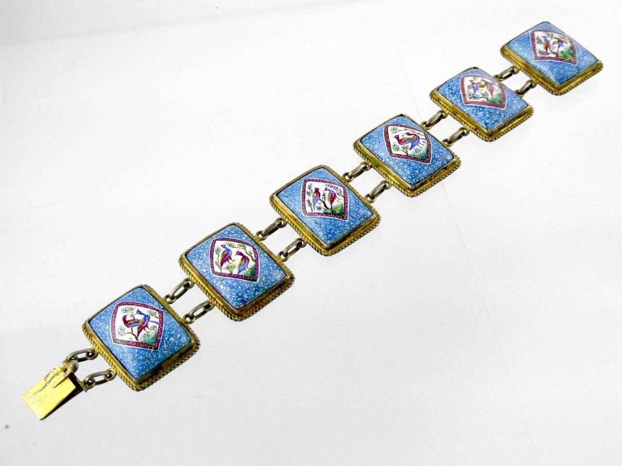 Vintage Sterling Silver Enameled Porcelain Panel Bracelet Bird Designs 6 7/8 In