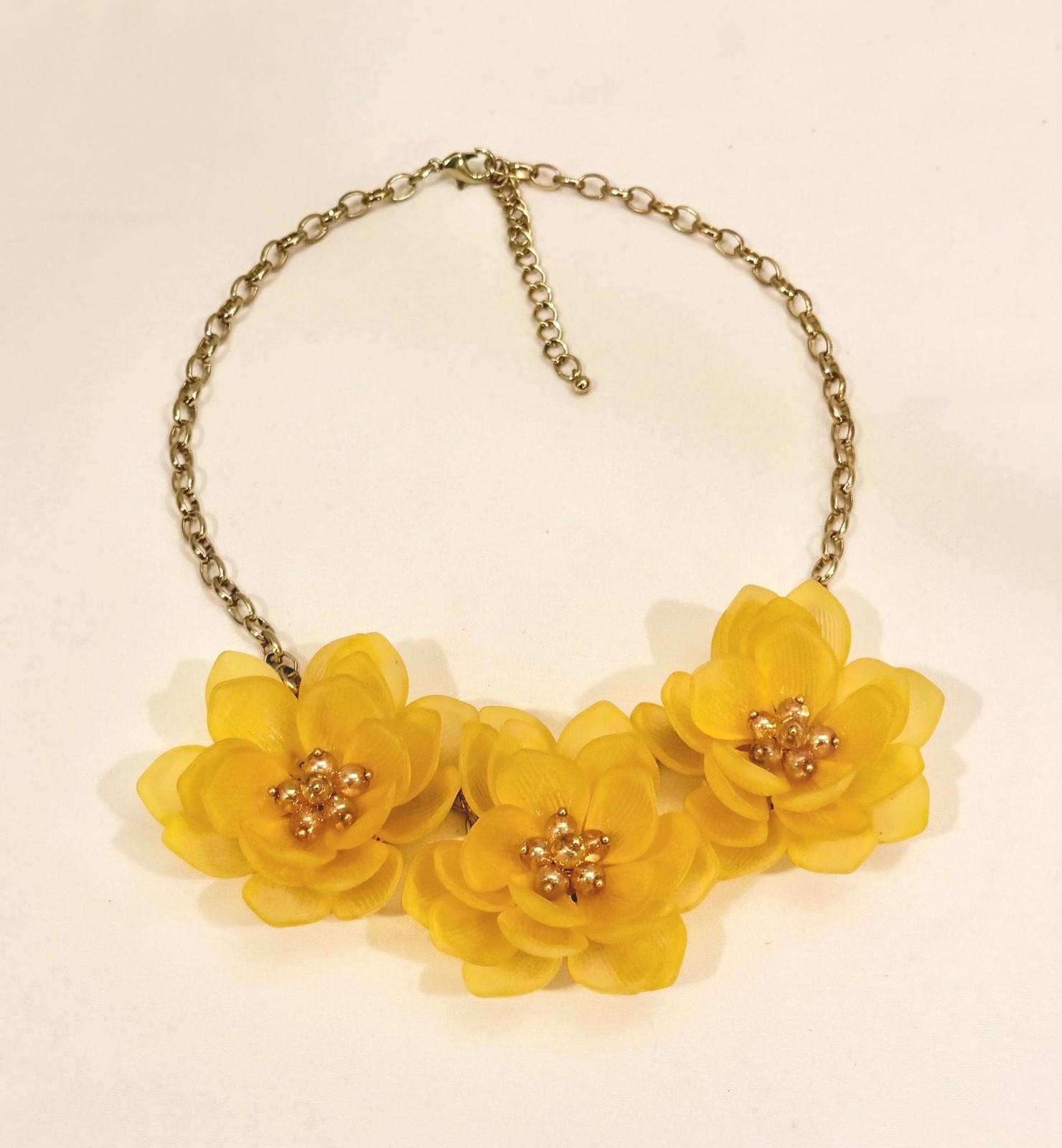 Summer Yellow Floral Statement Necklace with Gold Tone Accents