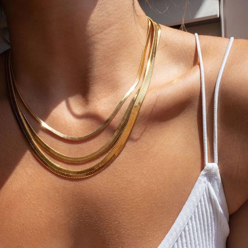 Stainless Steel Snake Chain Choker Necklace Gold Silver Herringbone Unisex