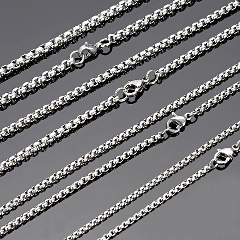 Round Box Chain Stainless Steel Necklace Silver Men Women 16″-32″