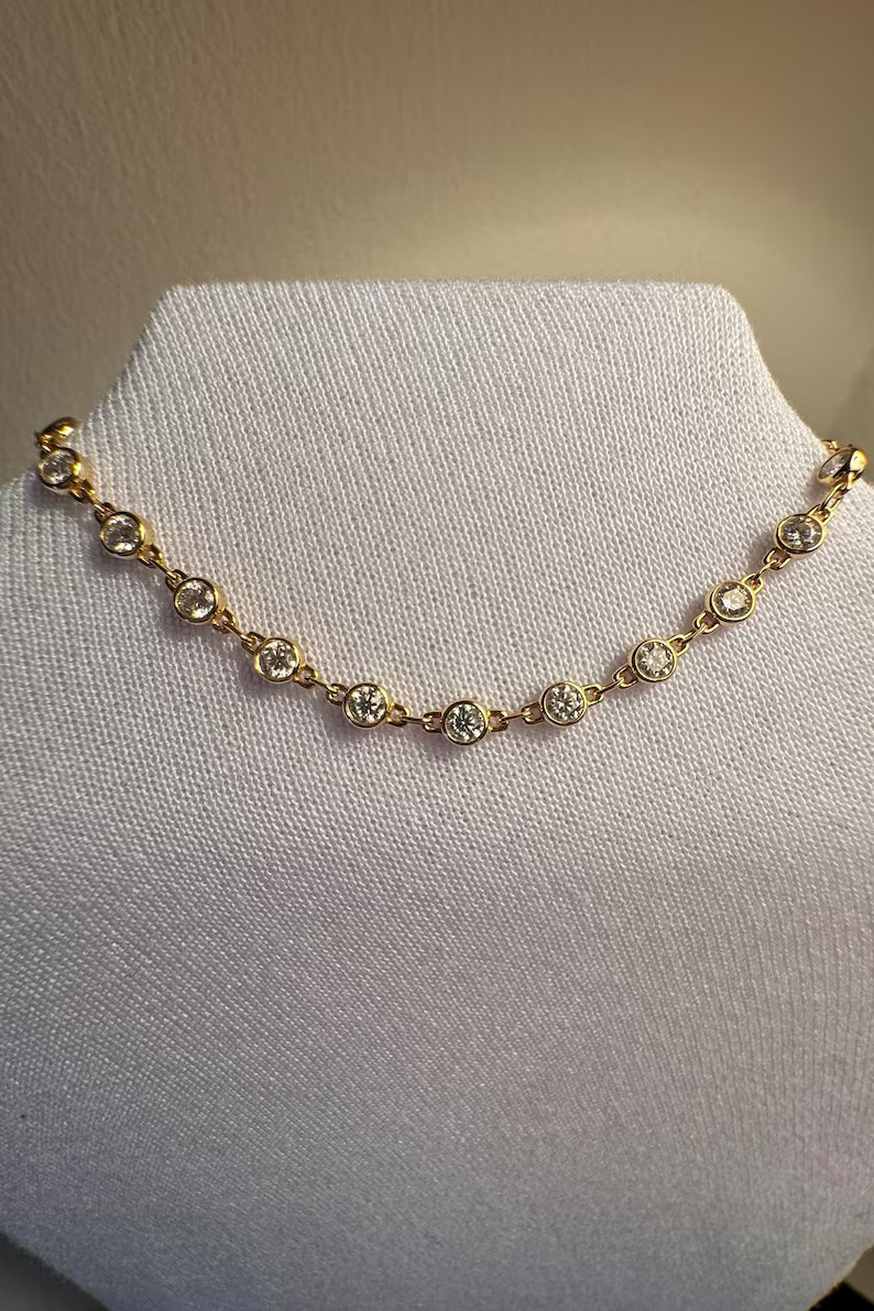 Women’s Natural Round Cut Diamond Bezel Station Necklace 18” 14K Yellow Gold