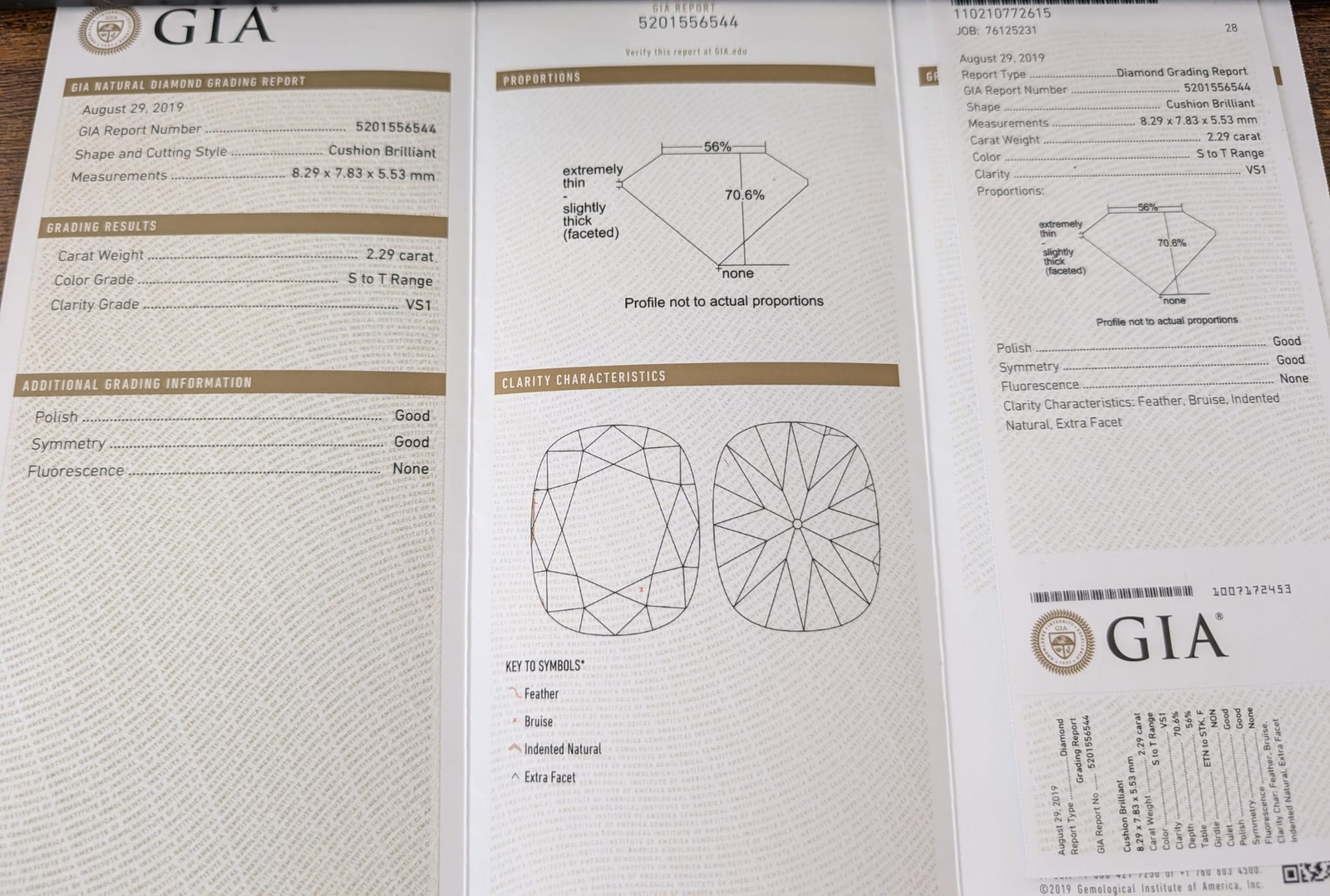 2.29 CARAT CUSHION BRILLIANT VS1 GIA REPORT NO STONE 5201556544