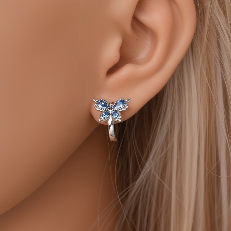 PANDACH 925 Sterling Silver Enamel Blue Butterfly Hoop Earrings For Women Gifts