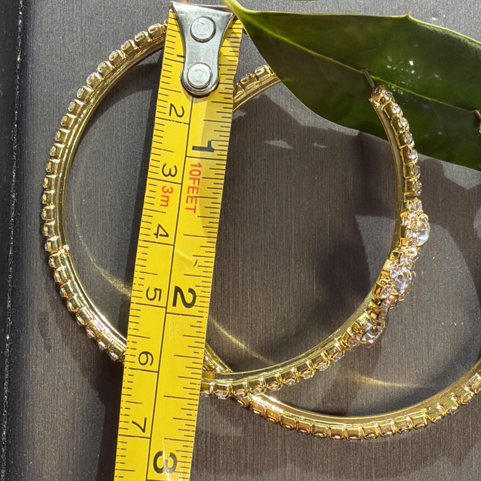 Gold Tone Rhinestone Hoop Earrings Large Statement Floral Cluster 2.5” Glam