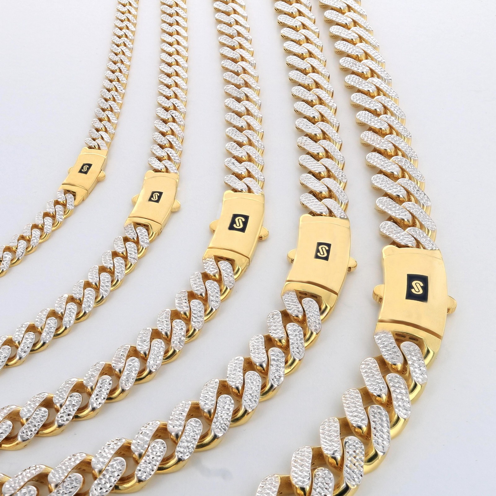 10K Yellow Gold Monaco Miami Cuban Pave Diamond Cut Chain Necklace, 7.5mm- 15mm