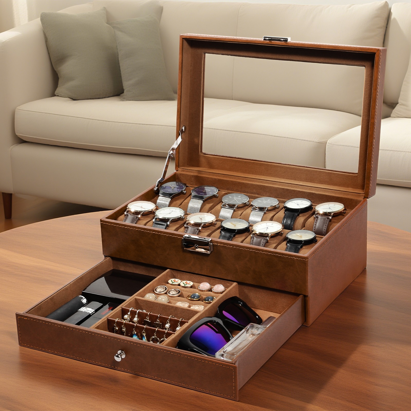 3/6/8/10/12/24 Slot PU Leather Watch Box Organizer Jewelry Display Storage Case
