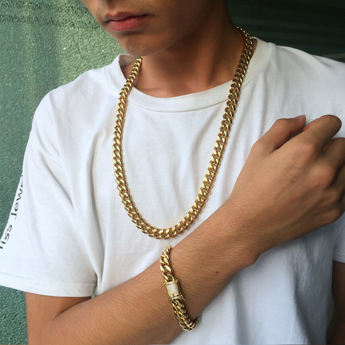 14k Gold Plated Stainless Steel Miami Cuban Link Bracelet Or Chain with CZ Clasp