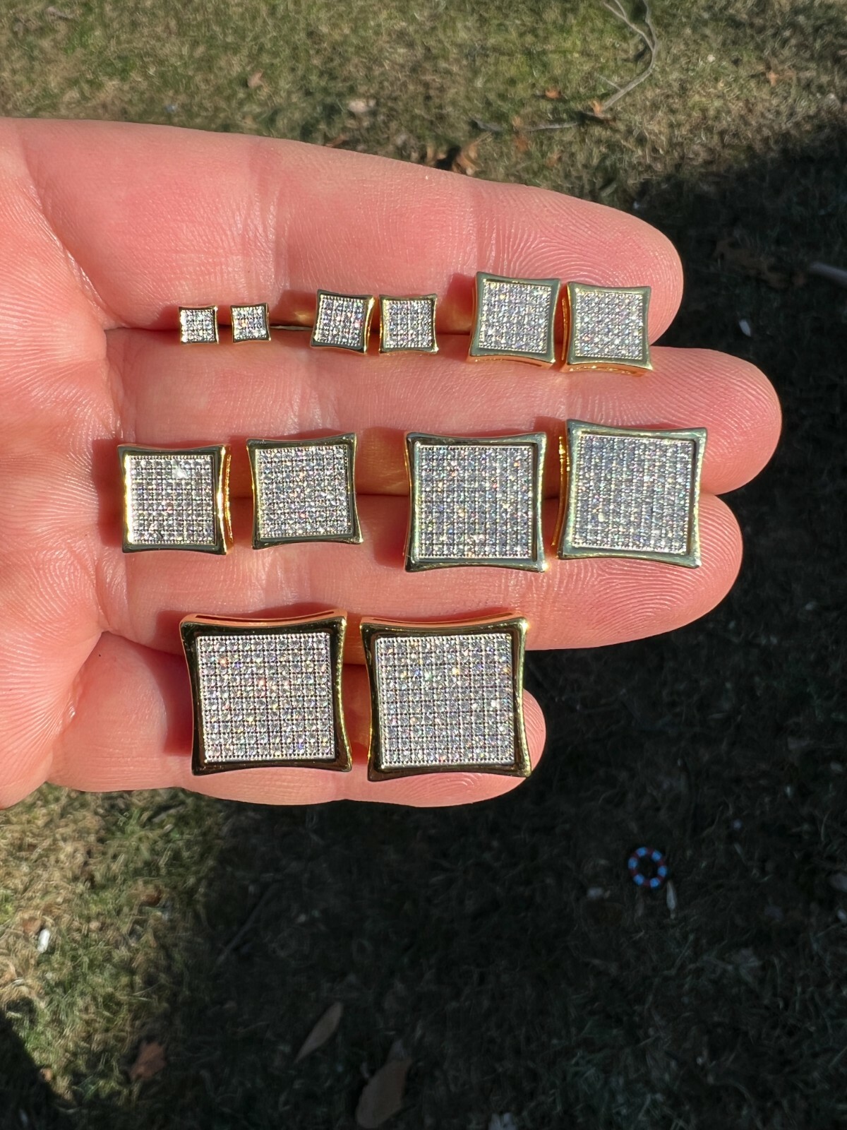 Square Kite Earrings Iced CZ Hip Hop Mens Ladies 4mm-18mm 14k Gold Plated