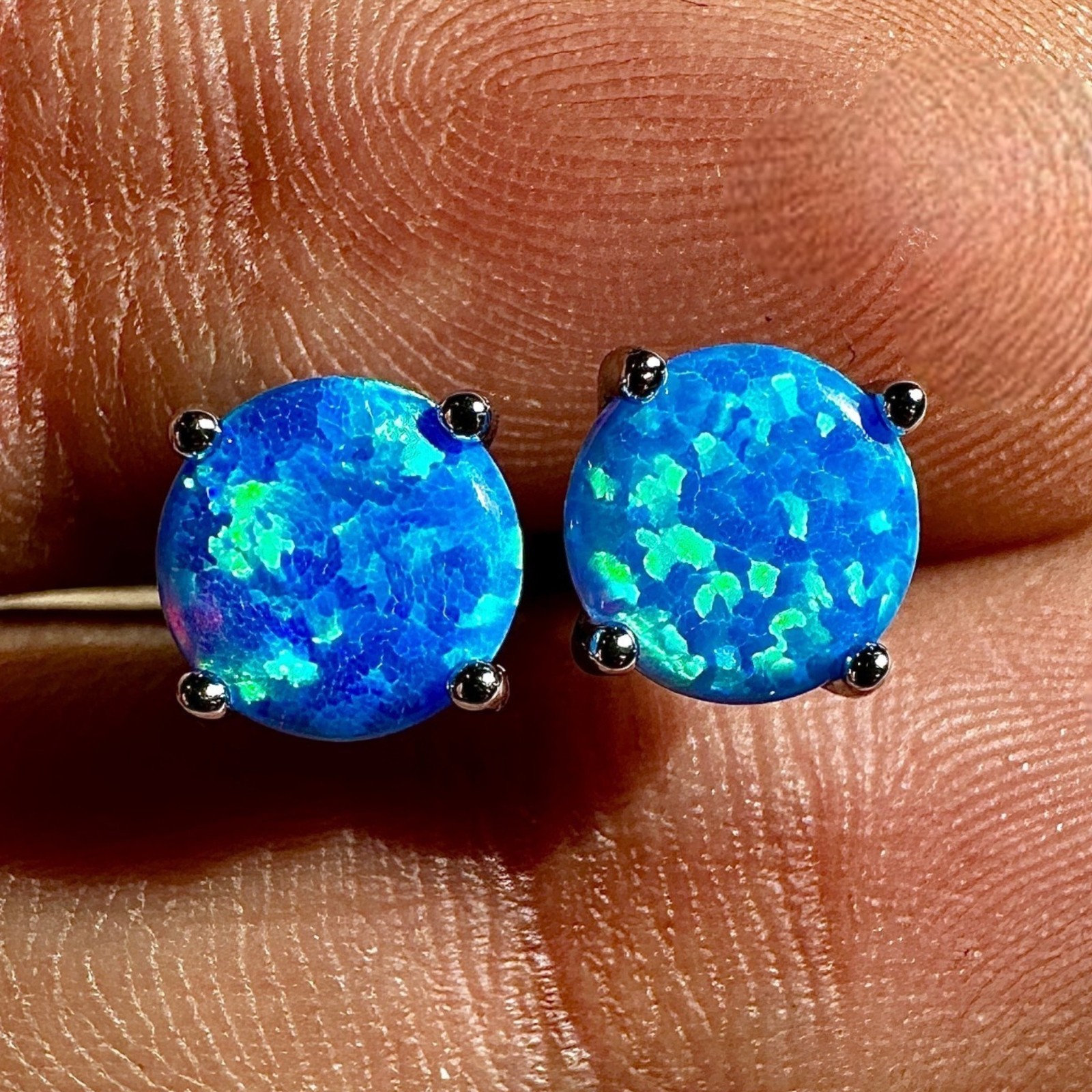 Blue Opal Stud Earrings 7mm 925 Sterling Silver Round Earrings for Women