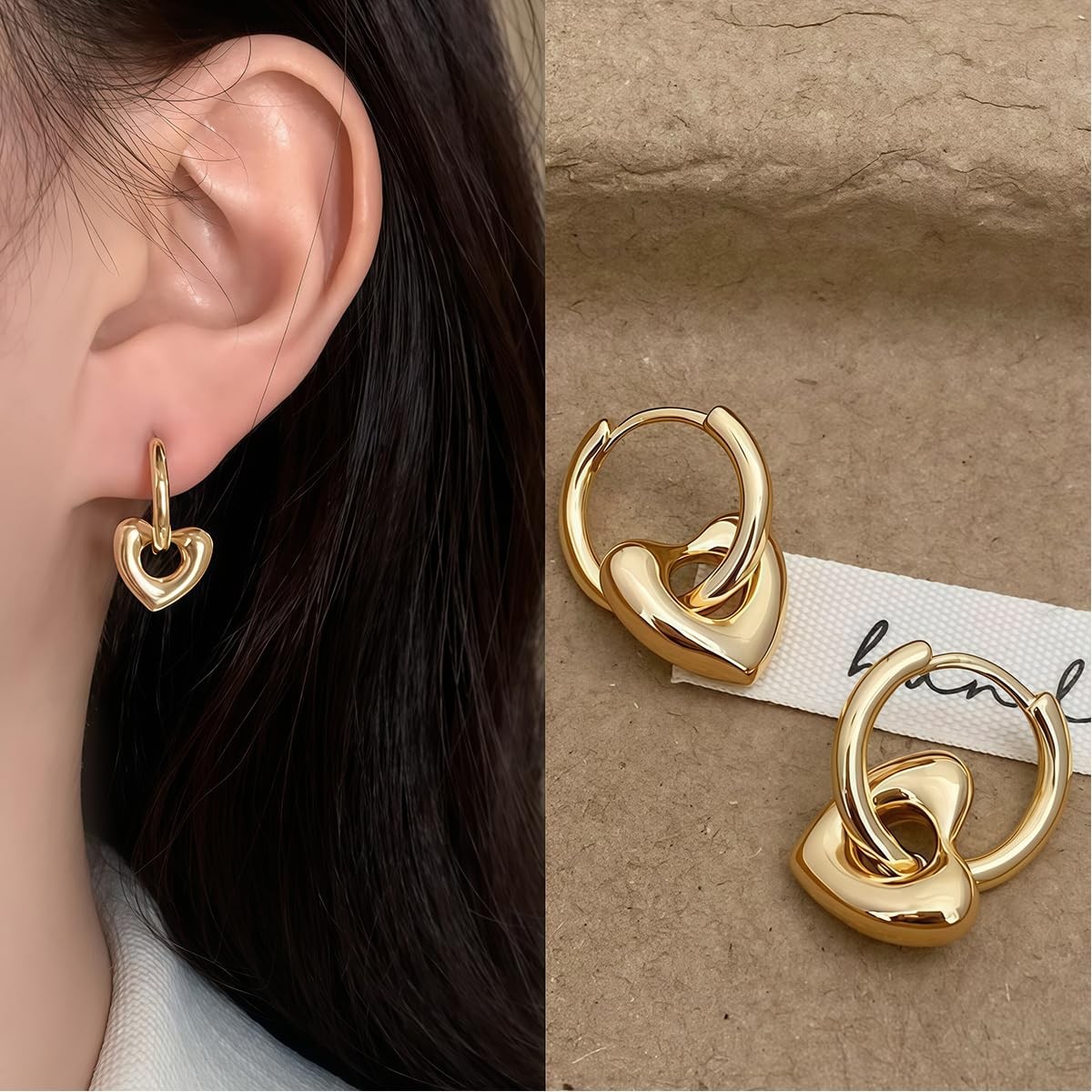 18K Gold Plated Heart Hoop Earrings for Women – Hypoallergenic Stainless Stee…